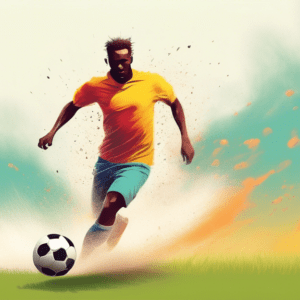 Soccer player leaving a cloud of dust behind as they sprint with the ball across a grassy field.