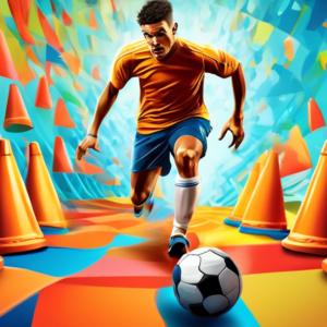 A soccer player dribbling a ball through a complex obstacle course of cones, hurdles, and agility ladders, with intense focus and determination on their face.