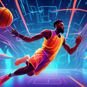 A basketball player soaring through the air, dodging glowing obstacles in a futuristic training facility.