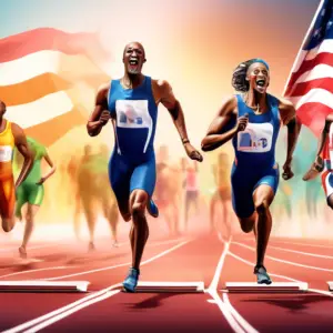 A photorealistic image of a track relay race with American athletes in the lead, celebrating as they cross the finish line.