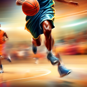 A basketball player with blurred legs sprinting down the court, leaving a trail of motion blur, while other players watch in the background.