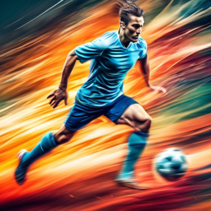 A soccer player explosively sprinting with motion blur, overlaid with a graphical representation of increasing speed and muscle activation.