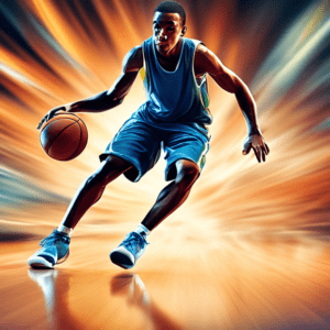 A basketball player leaving motion blur trails as they practice lightning-fast footwork drills on the court.