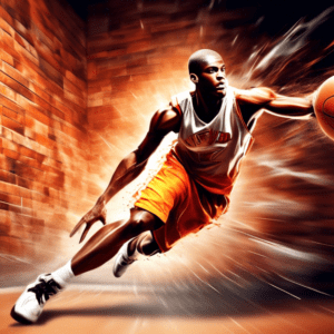 A basketball player breaking through a brick wall with motion blur, emphasizing speed and power.