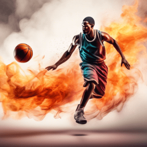 A basketball player breaking through a wall made of smoke with intense speed, leaving a trail of fire.