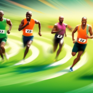 A diverse group of athletes racing around cones on a green field, leaving trails of motion blur.