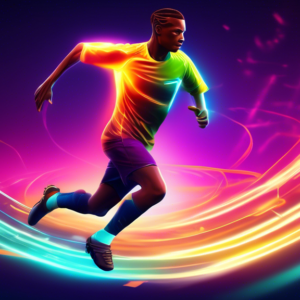 A soccer player with glowing legs sprinting across a futuristic training grid, leaving a trail of light behind them.