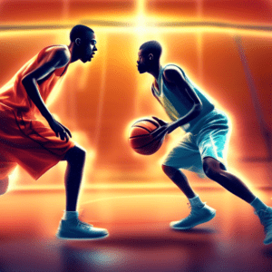 A basketball player leaving a blur as they shuffle their feet with intense focus, guarding another player dribbling a glowing basketball on a court labeled D.