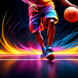 Basketball player leaving colorful motion blur trails while practicing footwork drills on a black court with dramatic lighting.