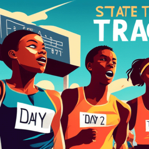 A diverse group of high school athletes competing in various track and field events under a bright sunny sky with a scoreboard in the background that reads State Track and Field Day 1.