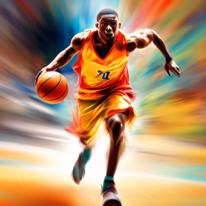 A basketball player leaving a blur behind as they sprint down the court with intense speed.