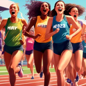 A photorealistic image of a diverse group of high school girls competing in a track and field event, with a cheering crowd in the background and a scoreboard that reads May 4th, 2024