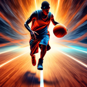 A basketball player dribbling a ball with motion blur lines radiating in multiple directions, on a basketball court with dramatic lighting.