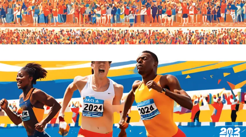 A split image, one side showing a packed stadium of cheering fans at a track and field event with a bright sunny sky, the other side showing a close-up of determined athletes sprinting on a track with