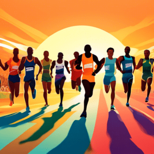 A diverse group of college track and field athletes racing towards the finish line with the year 2024 superimposed over a setting sun.