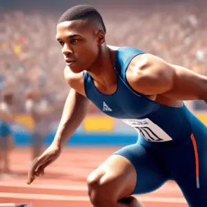 A photorealistic image of a track athlete in a starting block, with the athlete's university logo on their jersey, and a blurred crowd of fans in the background.