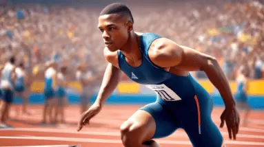A photorealistic image of a track athlete in a starting block, with the athlete's university logo on their jersey, and a blurred crowd of fans in the background.