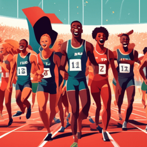 A group of male track and field athletes celebrating a victory in a stadium with a Nebraska N logo in the background, while a group of female athletes look on with pride.