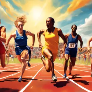 A photorealistic image of a Nebraska high school track and field meet on a sunny day with athletes competing in a variety of events.