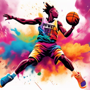 A basketball player soaring through the air for a slam dunk, surrounded by a burst of colorful smoke and lightning, with the words Plyometric Power in bold letters.