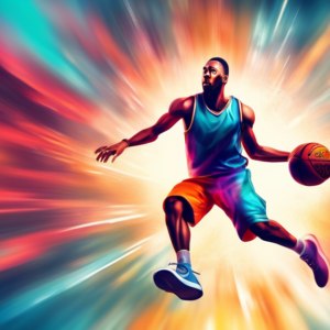 A basketball player in mid-air catching a ball with a blurred background and the words Reaction Time flashing.