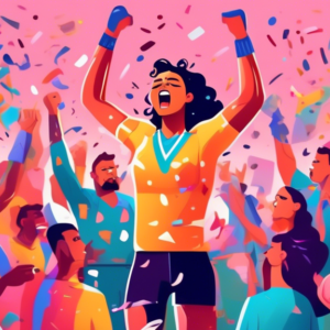 A transgender athlete stands on a podium, trophy in hand, showered in confetti but with a mixed crowd reaction of cheers and angry protest signs behind them.