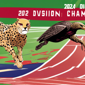 A cheetah and an eagle racing on a track and field, wearing UW-La Crosse and WashU jerseys, with a finish line banner that reads 2024 Division III Outdoor Track and Field Championships