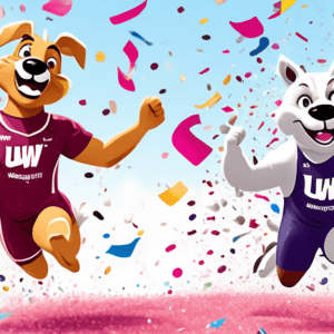 Two mascots, one representing UW-La Crosse and the other Washington University, celebrating a track and field victory under a shower of confetti with 2024 NCAA Division III Outdoor Track and Field Cha