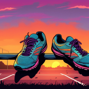 A worn pair of running shoes hanging on a fence post overlooking a track and field with a sunset in the background.