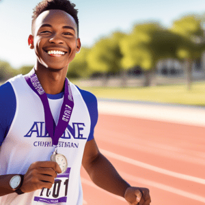 A young man in athletic wear with a stopwatch around his neck, smiling confidently on a sunlit track with Abilene Christian University branding in the background.