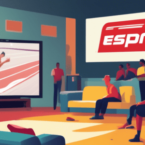 A blurry, muted television screen showing a track and field event with the ESPN logo in the corner and an annoyed-looking person on a couch in the foreground with a thought bubble above their head tha