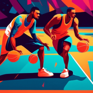 Two basketball players practicing fast dribbling drills with cones on a vibrant court.