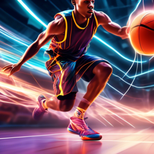 A basketball player wearing high-tech training equipment, sprinting on a futuristic basketball court with motion blur and light trails.