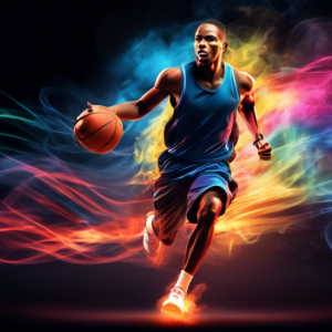 A basketball player with glowing shoes leaving light trails, sprinting through smoke on a dark court, with a determined expression, surrounded by motivational words like speed, agility, power.