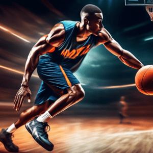 A tall, muscular basketball player doing speed drills on the court, motion blur, dramatic lighting