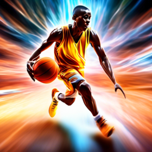 A basketball player dribbling through a series of lights with motion blur, emphasizing speed and agility.