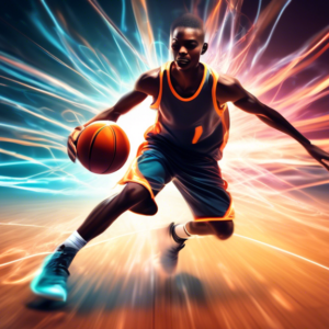 A young basketball player dribbling a ball with motion blur, surrounded by glowing speed trails, on a stylized basketball court.