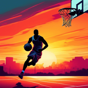 A lone basketball player silhouetted against a vibrant sunrise, sprinting with intense focus on an empty outdoor court, basketball under one arm.