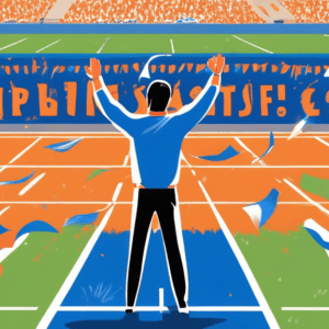 A blue turf track with a finish line and a coach in a Boise State shirt raising their arms in victory.