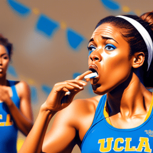 A woman in UCLA Bruins apparel blows a whistle on a track and field with a determined look on her face.