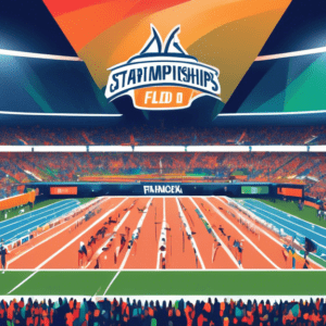 A packed stadium with a track and field competition underway, illuminated by stadium lights, with a digital scoreboard reading Day 1 NCAA Track and Field Championships and the FloTrack logo in the cor