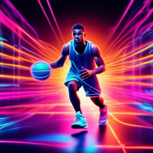 A basketball player dribbling through a series of illuminated neon obstacles with motion blur.