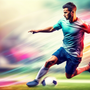 A soccer player in a dynamic stretching pose, with a blurred background of a soccer field and a speed trail effect.