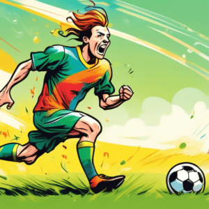 A soccer player explosively sprinting across a grassy field with blurred motion lines, bathed in bright sunlight, with a whimsical, cartoon thought bubble above their head depicting a farting jester.