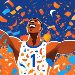 A Florida Gators track and field athlete triumphantly holding a golden trophy with three fingers raised, showered in confetti, with the University of Florida logo in the background.