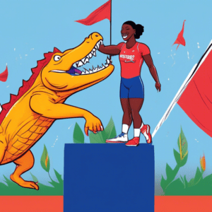 A gator and a razorback track and field athlete celebrating victory on a podium draped with Florida and Arkansas flags.