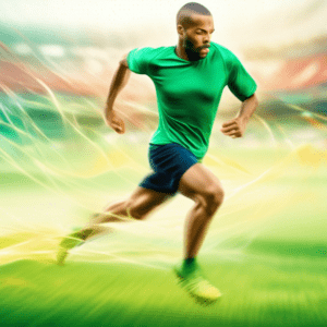 Soccer player sprinting on a green field with blurred motion, overlaid with a graphic of a high-intensity interval training (HIIT) timer.