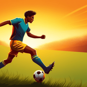 A soccer player dramatically sprinting up a grassy hill with a determined look, bathed in the golden light of sunset.