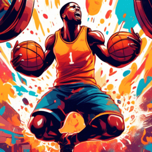 A basketball player exploding upwards for a powerful dunk, surrounded by gym equipment like barbells and weight plates.