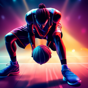 A basketball player wearing high-tech compression gear practices agility drills on a court, bathed in dramatic light with a spotlight on their shoes.